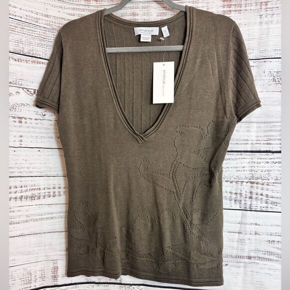 Emanuel ungaro Sweater Womens Sz 12 knit V Neck Cotton linen Top khaki Green New - Picture 1 of 15